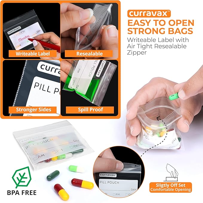 CURRAVAX Pill Bags for Travel Pack of 540 - BPA Free 3 x 2.75 inch Pill Pouch - Reusable Pill Pouches for Medicine with Write on Label –Clear Ziplock Pill Baggies for Travel Medicine Organizer