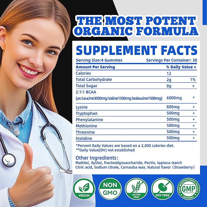 EAA Gummies 120 Gummies (Blueberry), Essential Amino Acids - All 9 Essential Aminos (EAA) and All Branched-Chain Aminos (BCAAs), Non-GMO, Gluten Free, Vegetarian Friendly