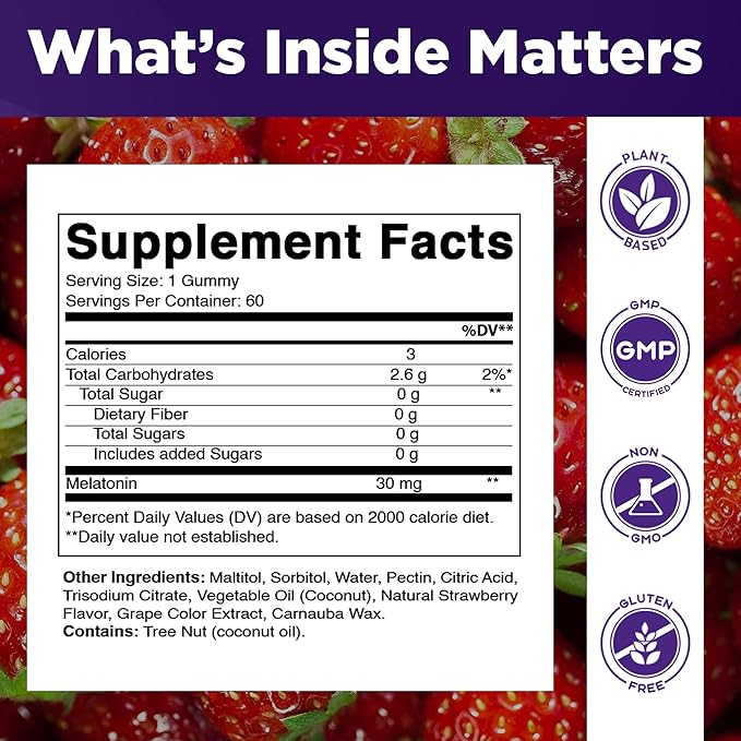 Vitamatic Sugar Free Melatonin 30mg per Gummy - 60 Servings - 60 Vegetarian Gummies - Non-Habit Forming Supplement (60 Count (Pack of 3))