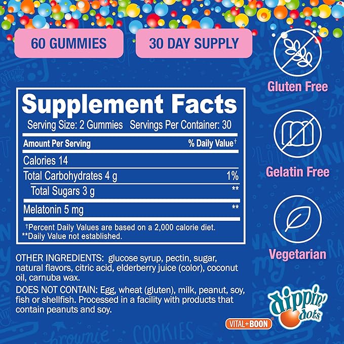 Dippin' Dots - Melatonin Gummies for Kids & Adults (30 Day Supply) Strawberry Sunset Creme Flavor | 2.5mg Per Kids Melatonin Supplement for Faster & Longer Sleep | Gummies for Children (60 Count)
