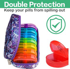 Serfeymi Weekly Travel Pill Organizer 2 Times A Day AM PM Upgraded Rainbow Pill Box 7 Day with Portable Zipper Canvas Pill Case, Medicine Organizer for Pills, Vitamins, Fish Oils - Purple 01