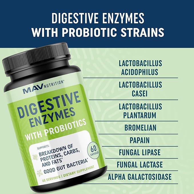 Digestive Enzymes 400MG with Probiotics for Digestive Health & Bloating Relief for Women & Men | Enzyme Blend with Probiotic Strains, Anti Bloating Supplement for Women & Men | Non-GMO Vegetarian 60ct