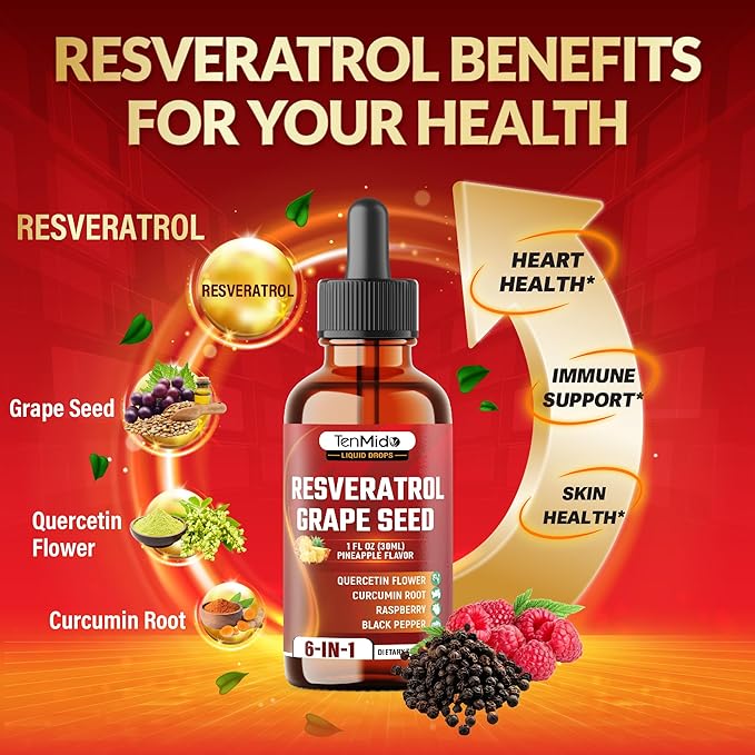 Resveratrol Supplement Liquid Drops - 6in1 with Grape Seed, Quercetin, Curcumin, Raspberry, and Black Pepper - Vegan, Non-GMO - 30ml 1 Fl Oz