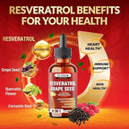 Resveratrol Supplement Liquid Drops - 6in1 with Grape Seed, Quercetin, Curcumin, Raspberry, and Black Pepper - Vegan, Non-GMO - 30ml 1 Fl Oz