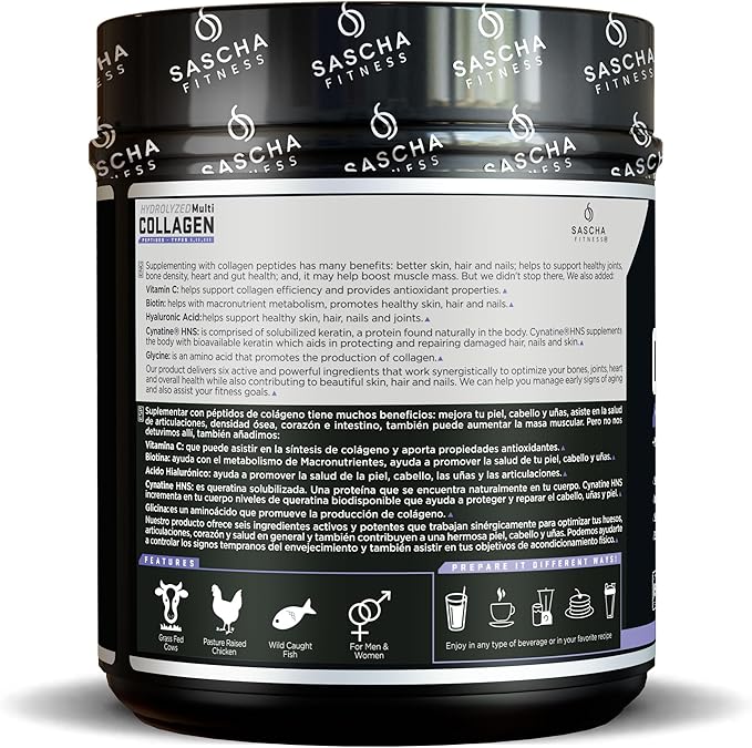 SASCHA FITNESS Hydrolyzed Multi Collagen Peptides Tipes 1,2 & 3 |Hyaluronic Acid|Biotin Cynatine HSN|Vitamin C & E |for Hairs, Skin & Bone Support|Chocolate Flavor