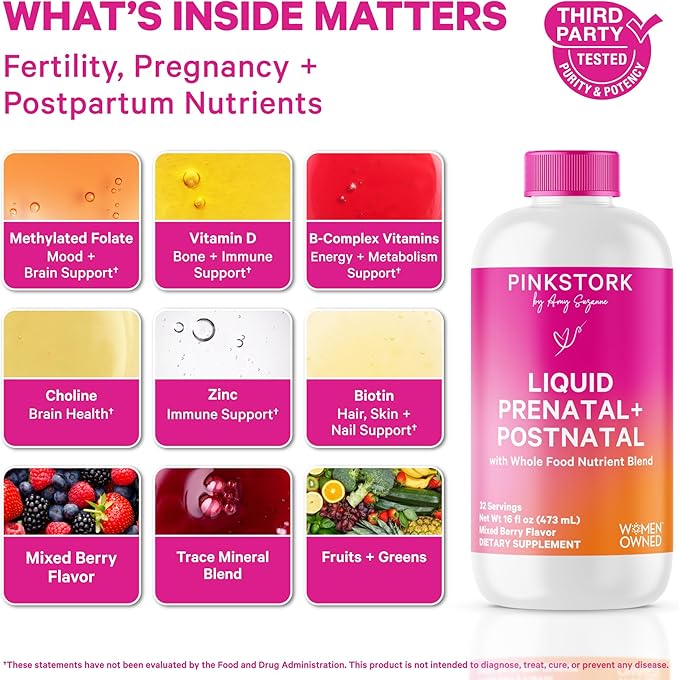 Pink Stork Liquid Prenatal Vitamins for Women - Berry Flavor Organic Food Blend - Fertility, Pregnancy, Postpartum Essentials - Morning Sickness Support - Breastfeeding & Lactation - 32 Servings