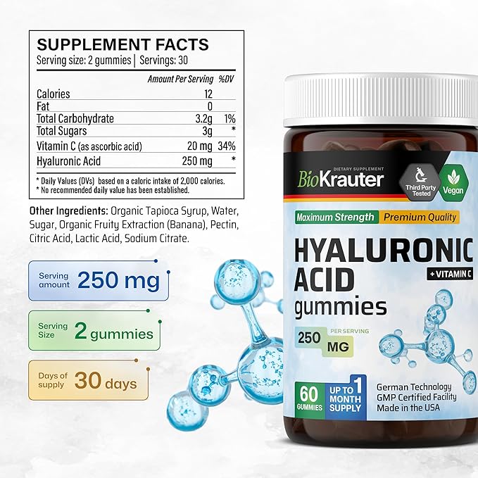BIO KRAUTER® Hyaluronic Acid with Vitamin С for Skin Hydration Support - Vegan Hyaluronic Acid Supplements 250 mg Strength for Beauty & Collagen Support - 60 Gummies, Non-GMO, Banana Flavor