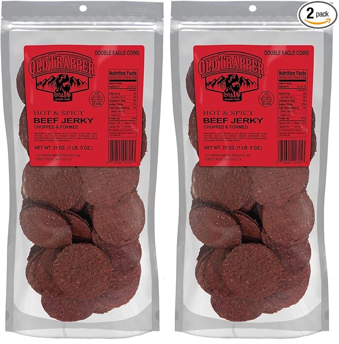 Old Trapper Double Eagle Beef Jerky,Hot & Spicy Flavor,21 Ounce Package,Natural Wood Smoked Meat Snacks,10 Grams Protein and 80 Calories per Serving,(Pack of 2)