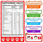 Iron Gummies for Kids & Teens, Kids Multivitamin with Iron Supplement, Vitamin B Complex, A, C, D3, Calcium, Zinc, DHA, Prebiotic, Blood Builder & Energy Support for Iron Deficiency, Vegan, 60 Ct