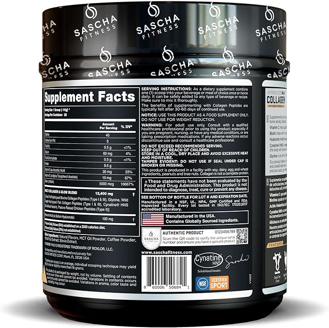 SASCHA FITNESS Hydrolyzed Multi Collagen Peptides Tipes 1,2 & 3 |Hyaluronic Acid|Biotin |Cynatine HSN|Vitamin C & E |for Hairs, Skin & Bone Support|Caramel Macchiato