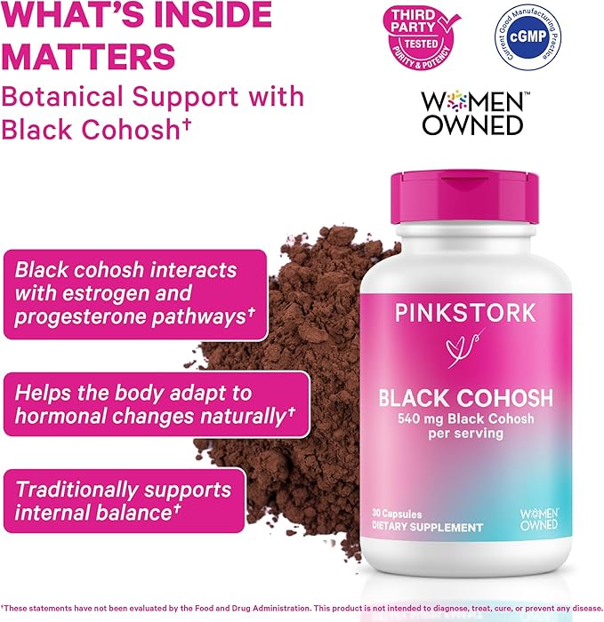 Pink Stork Black Cohosh Supplements for Women - 540 mg Pure Black Cohosh for Perimenopause, Menopause Support- 30 Capsules