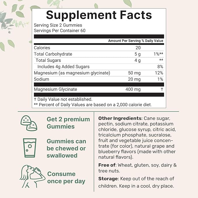 Magnesium Glycinate Gummies 400mg Per Serving, 120 Count | Natural Grape Blueberry Flavor | Potent Elemental Form + Chelated for High Absorption | Healthy Muscle, Bones, & Mood Support Supplement