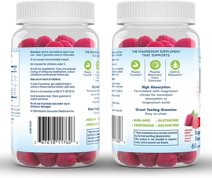 SlowMag Magnesium Citrate Gummies, 60 Count, Supports Muscle Health, Natural Berry Flavor, Recovery & Relaxation
