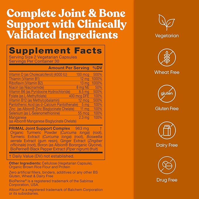 Primal Joint & Mobility Support - Advanced Joint Support Supplement for Women and Men - Turmeric, Boswellia, Ginger and Boron for Whole-Body Flexibility, Joint Health & Comfort - 60 Veg Soft Capsules