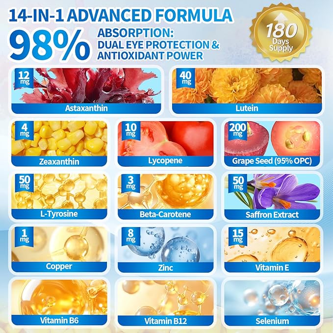 14-in-1 Astaxanthin 12mg & Lutein 40mg with Zeaxanthin Supplements, 6 Month Supply, Fresh Microalgae Source, Supports Eye, Skin, Antioxidant, Joint, Circulatory Health Non-GMO Gluten Free 180 Softgels
