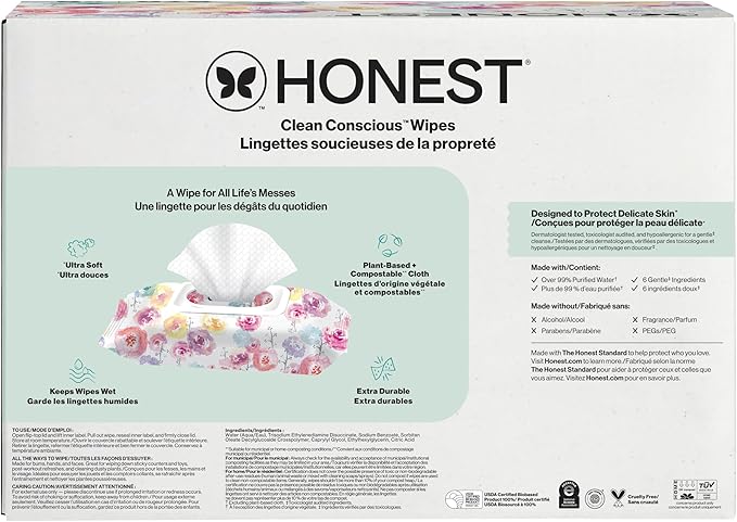 The Honest Company Baby Wipes for Sensitive Skin, Hypoallergenic, Fragrance-Free, Multi-Use, Rose Blossom Design, 576 Count (6 Packs of 96)