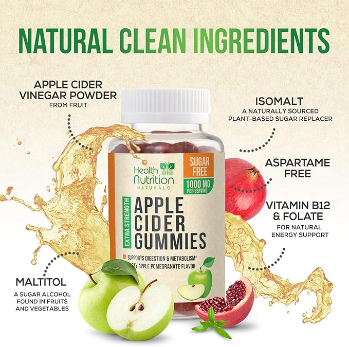 Apple Cider Vinegar Gummies - Sugar Free - Apple Cider Vinegar Powder 1000mg Per Serving - Max Strength ACV Gummy Vitamins - B12 & The Mother - Metabolism & Energy Support - Keto & Vegan - 60 Gummies