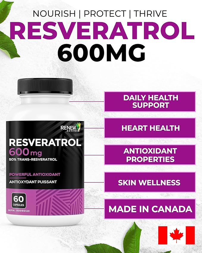 Renew Actives Resveratrol Supplement 600mg per Serving - High-Potency Antioxidant Complex with 50% Trans-Resveratrol – Supports Cellular Health & Longevity - Made in Canada – 60 Vegan Capsules