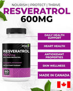Renew Actives Resveratrol Supplement 600mg per Serving - High-Potency Antioxidant Complex with 50% Trans-Resveratrol – Supports Cellular Health & Longevity - Made in Canada – 60 Vegan Capsules