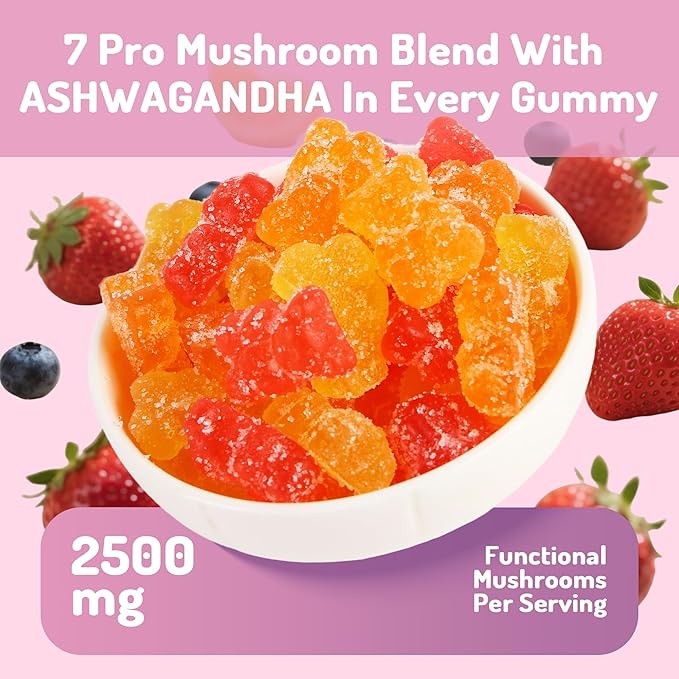 Ashwagandha and Mushroom Gummies 500mg with 8 Mushroom Blend (Reishi,Lion's Mane,Cordyceps) - Mushroom Gummies for Focus and Energy,Cognitive Boost -Mushroom Supplement for Adults,80 Count