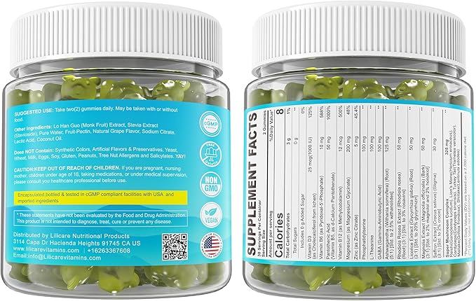 Cortisol Gummies for Women & Men, Sugar Free Cortisol Reducer Supplements w/ Magnesium, Ashwagandha, Mushroom, L-theanine, Rhodiola, Vitamin B6 B12 for Cortisol Detox, Relax, Sleep Support 2 Pack