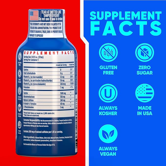 Vitamin Energy B12 11,000% Extra Strength Energy Shot Açaí Pomegranate 12 Pack, 260mg Natural Caffeine, B12 & B6, Nootropic Focus, Vitality, Zero Sugar, Gluten-Free, Vegan, Kosher, 1.93 fl oz