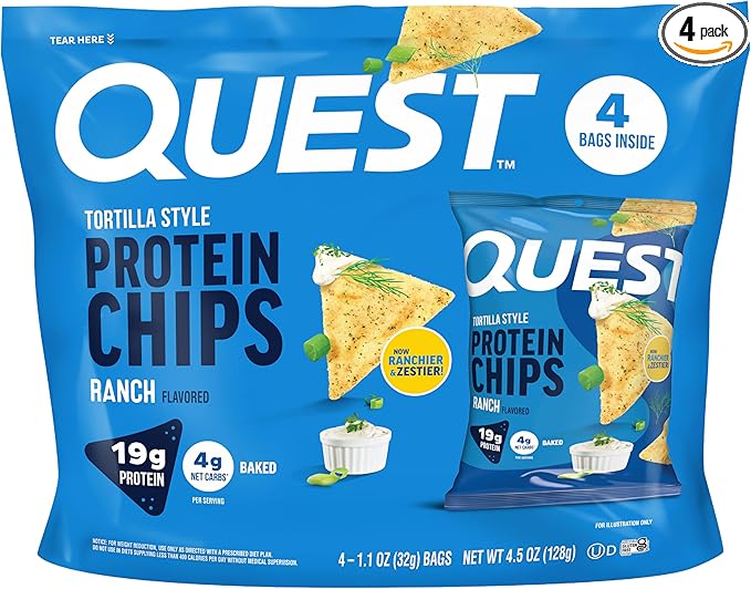 Quest Nutrition Ranch Tortilla Style Protein Chips, 19g Protein, 4g Net Carb, High Protein, Low Carb, Gluten Free, 1.1 Ounce (Pack of 4)