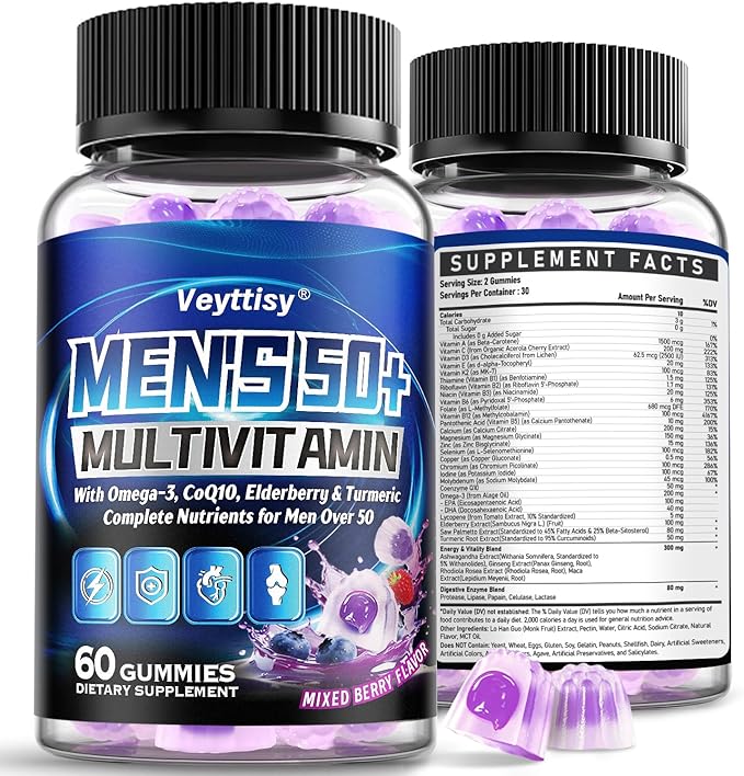 Sugar Free Multivitamin Gummies for Men 50 Plus - Methylated Multivitamin with Omega-3, CoQ10, Elderberry & Turmeric for Energy, Immune, Gut, Health Support - Vegan, Non-GMO, Gluten-Free