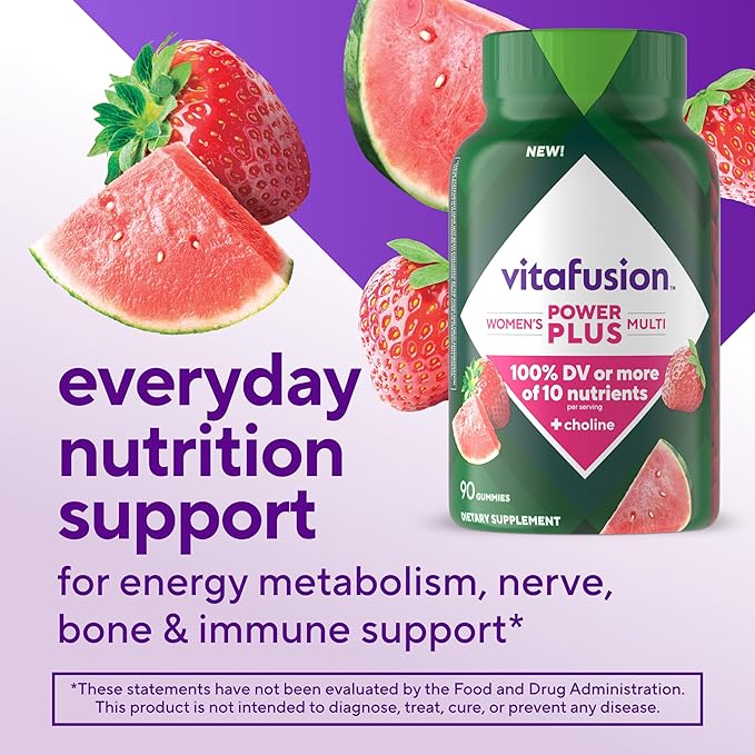 Vitafusion Power Plus Women’s Multivitamin Gummies,100% Daily Value or More of 10Nutrients,HelpsSupport Nerve,Energy Metabolism,Bone & Immune Health,Strawberry & Watermelon Flavor,90 Count (Pack of 2)