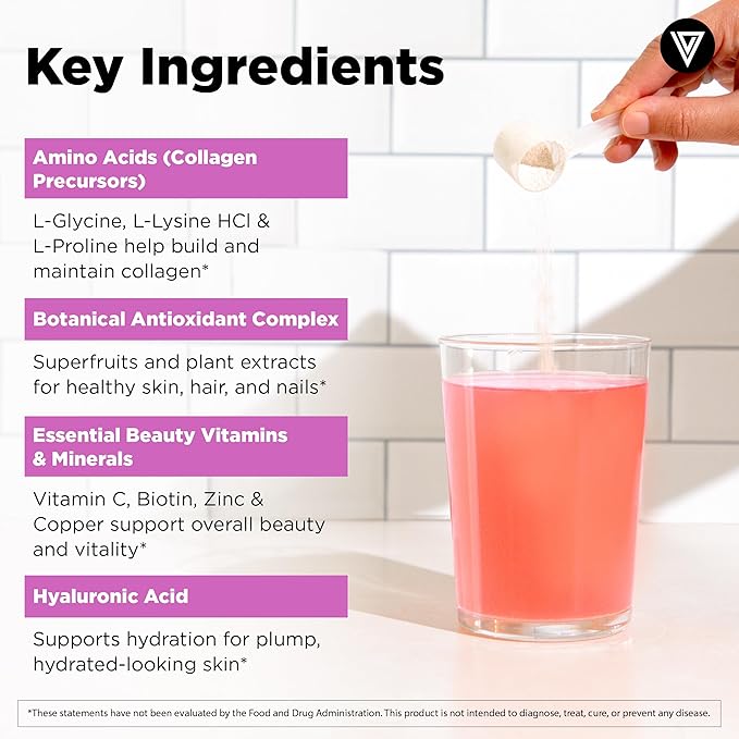 Vital Vitamins Vegan Collagen Booster Powder - Made with Amino Acids, Silica, Hyaluronic Acid, & Botanical Extracts - Plant-Based - Mango Raspberry Lemonade Flavor - Hair, Skin, Nails - 30 Servings