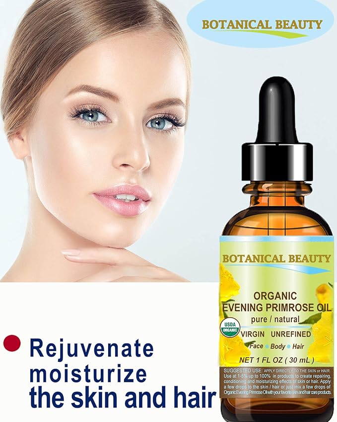 Botanical Beauty Organic EVENING PRIMROSE OIL 100% Pure Natural Undiluted Unrefined Virgin Cold Pressed Carrier Oil for face, skin, hair, nails (2 Fl Oz 60 ml)