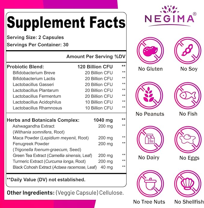 Negima Menopause Supplements for Women, 120 Billion CFUs Probiotics for Women, 13-in-1 Herbs & Botanicals Complex, for Hormone Menopause, Hot Flashes, Night Sweats, Mood Swings, Sleep - 120 Capsules