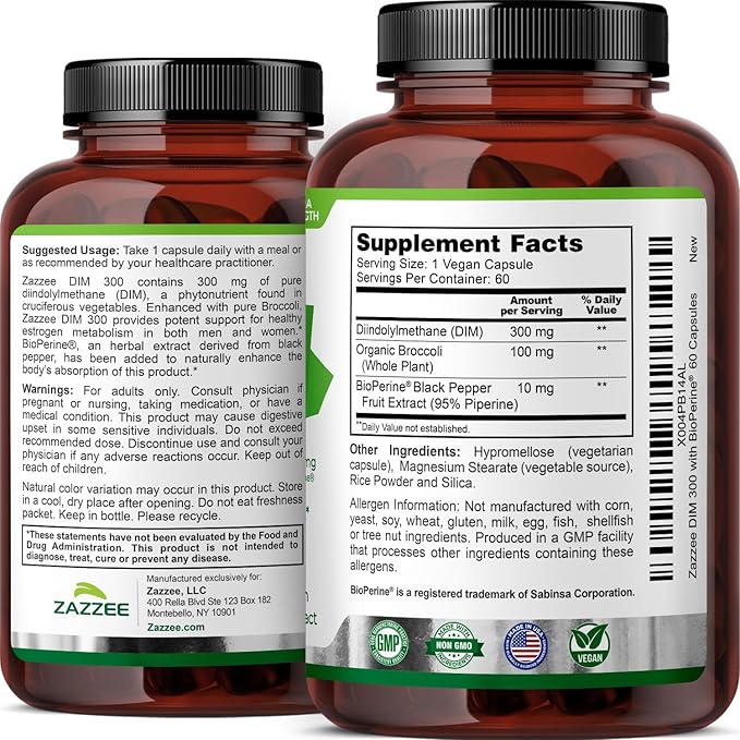 Zazzee DIM 300 mg Per Capsule, 60 Count, Plus 10 mg BioPerine, Estrogen Balance, Hormonal Acne, Menopause Support, Hormonal Balance, Diindolylmethane, Vegan, All-Natural, Non-GMO, Made in The USA