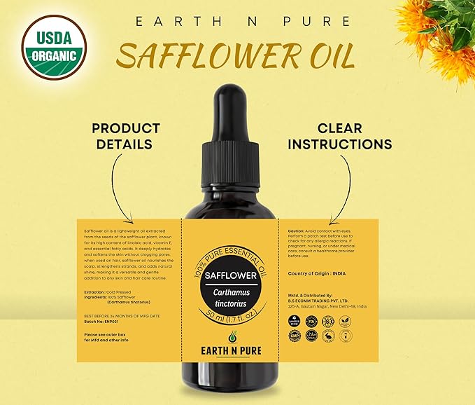 Earth N Pure Safflower Oil | 100% Natural & Therapeutic Grade | Undiluted | for Body Massage, Relaxation | Hair Growth | Joint Pain | DIY & Skincare | Scalp Treatment | Nail Care | 200ML