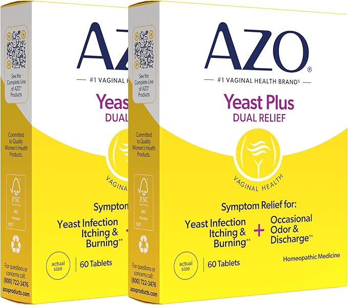 AZO Yeast Plus Dual Relief Homeopathic Medicine | Yeast Infection Symptom Relief: Itching & Burning | Vaginal Symptom Relief: Occasional Odor & Discharge | #1 Most Trusted Brand | 2 Pack (60ctx2)
