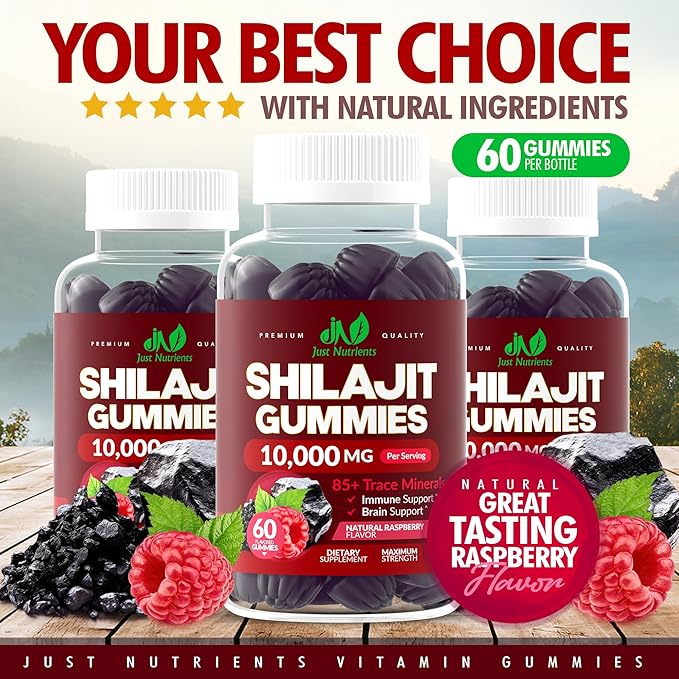 Shilajit 1000mg Gummies for Men & Women - Maximum Strength Pure Himalayan Shilajit, Gluten-Free, Non-GMO, 100% Vegetarian - Natural Raspberry Flavor - 60 Count
