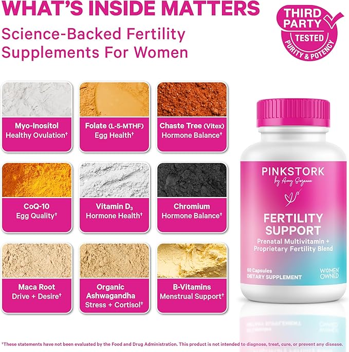 Pink Stork Fertility Supplements for Women | 2-in-1 Conception Support with Inositol, Folate + CoQ10 | Cycle Regularity, Hormone Balance + Reproductive Wellness | 60 Capsules