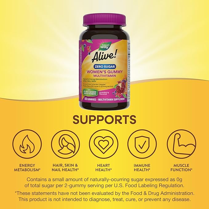 Nature’s Way Alive! Zero Sugar Women's Gummy Multivitamins, Energy Metabolism*, Hair, Skin, Nails*, B-Vitamins, No Sugar Alcohols, Plant-Based Sweeteners, Strawberry Flavored, 80 Gummies