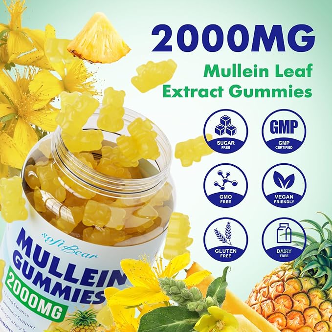 softbear Mullein Gummies for Lungs, 2000mg Mullein Leaf Extract Supplement for Respiratory & Digestive & Immune Support, Organic, Vegan, Sugr-Free, Pieneapple Flavor 60 Count