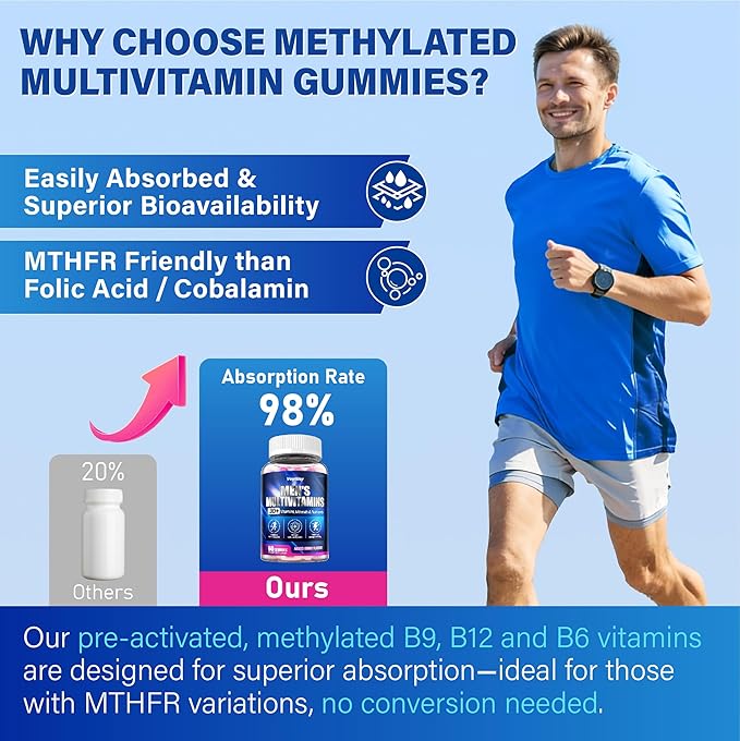 Methylated Multivitamin Gummies for Men - Mens Multivitanins Gummy with Vitamins A C D K E, Methylated Folate, B Complex, Probiotics, Omega-3, CoQ10, Herbal Blend - Support Energy & Immune Health