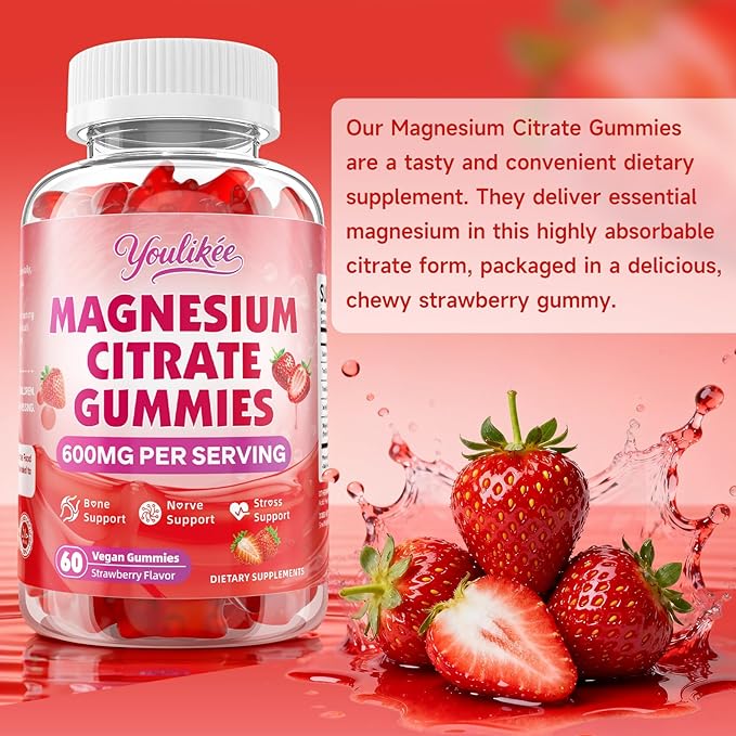 2 Pack Magnesium Citrate Gummies, High Absorption Magnesium Gummies for Adults, Magnesium Supplement to Support Natural Relaxation, Vegan, Sugar-Free, Strawberry Flavor, 120 Count