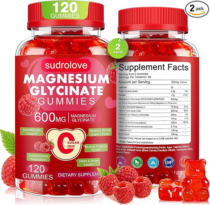 Magnesium Glycinate Gummies 600mg- Sugar Free Mg Potassium Supplement with Magnesium Glycinate, Vitamin D, B6 and CoQ10 for Calm Support & Sleep for Adults, 60 Days Supply ((Pack of 2), Raspberry)