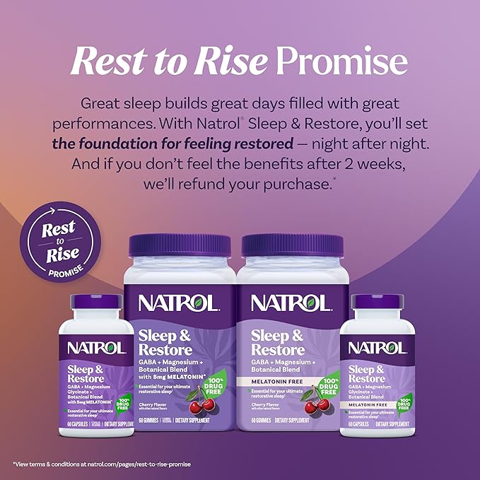 Natrol Sleep + Restore Magnesium Glycinate Blend Gummies with Melatonin 5mg - Calm Magnesium with GABA,Botanical Blend,Cherry Flavor,60 Gummies,(Pack of 2)