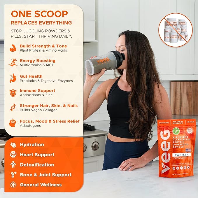 Veeg Plant Protein Powder – Vegan Protein Shake & Collagen Boost. Pea Protein, MCT, Probiotics & Multivitamin. 10 Supplements in 1. Daily Energy, Immunity & Wellness. 15 Servings (Vanilla)