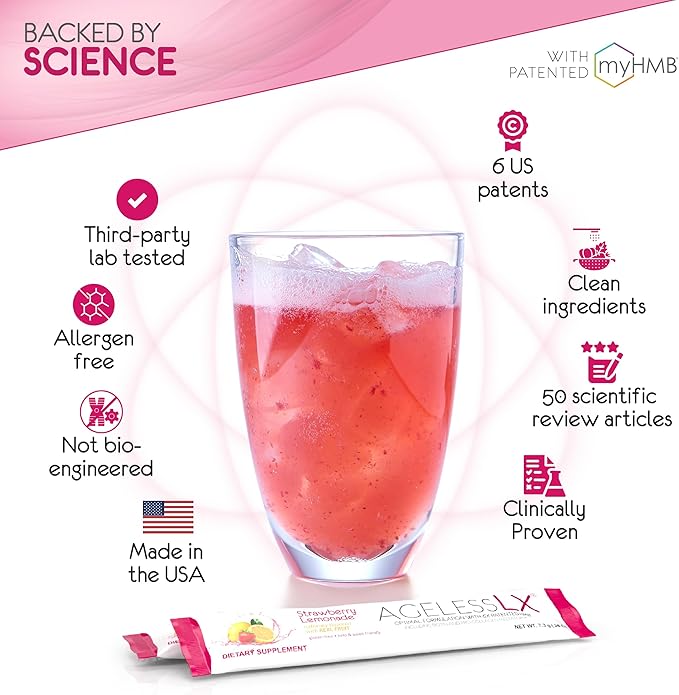 AgelessLX Powder Supplement for Women - with HMB Collagen Enhancer Plus Vitamin D3 with K2, Horsetail and Biotin for Lean Muscle and Stronger Hair and Nails - 30 Powder Packets Strawberry Lemonade