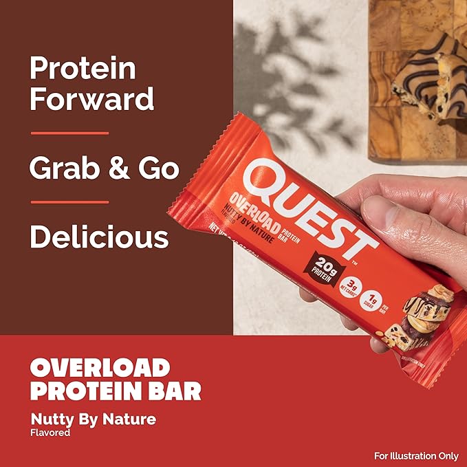 Quest Nutrition Overload Protein Bars, Nutty by Nature Flavored Protein Bars, 20g Protein, 1g Sugar, 3g Net Carbs, Gluten Free, 12 Count