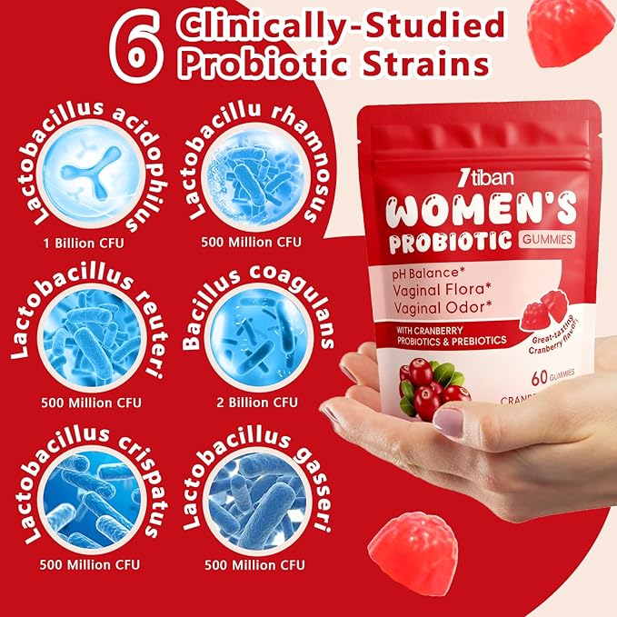Vaginal Probiotics Gummies for Women, Premium Feminine pH Balance Gummies, Healthy Odor, Yeast Balance & Flora + Vitamin C for Immune Support, 60ct Cranberry Flavor