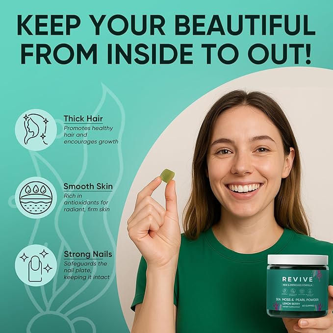 Balmbare Revive Gummies for Hair Loss - Sea Moss Gummies with Vitamin C, Vitamin E, Aloe Vera, Pearl Powder Supports Faster Hair Growth, Stronger Nails, Extra Strength - 60 Count (1)