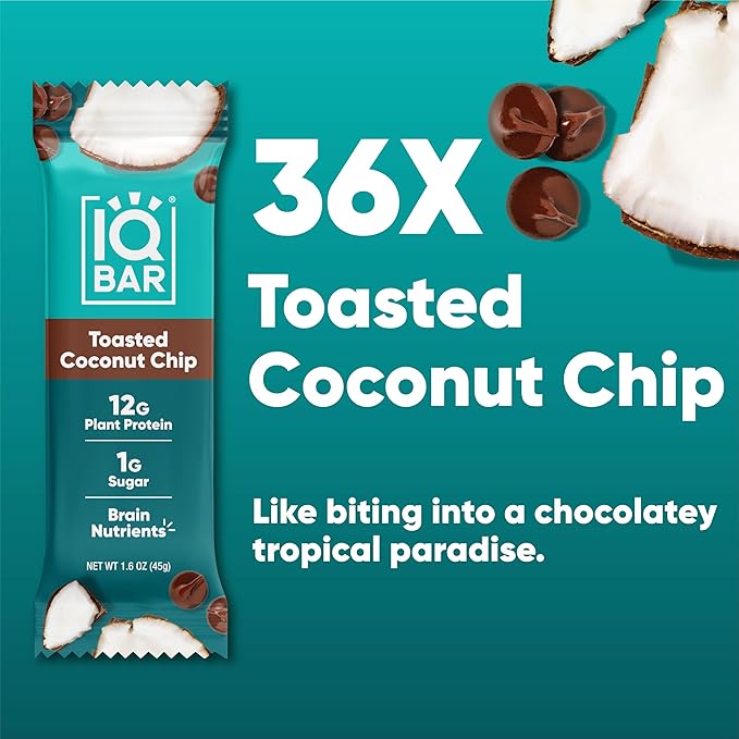 IQBAR Clean Plant Protein Bars - Toasted Coconut Chip - 36 Count - Keto, Vegan, High Fiber, Gluten and Dairy Free, Low Sugar Snack - Brain and Body Nutrients for Focus, Energy, Meal Replacement