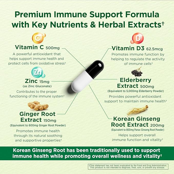 Immune Support 6-in-1 – Elderberry, Ginger, Korean Ginseng, Vitamin C 500mg, D3 2500IU, Zinc | Vegan Capsules – 1 Month Supply | Innervis Nutrition